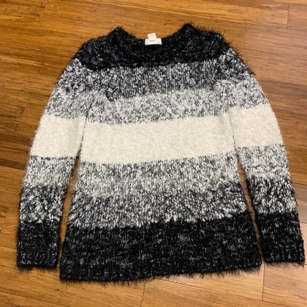LOFT Lounge Sweater Women Size XS Black White Fuzzy Striped Pullover Long Sleeve